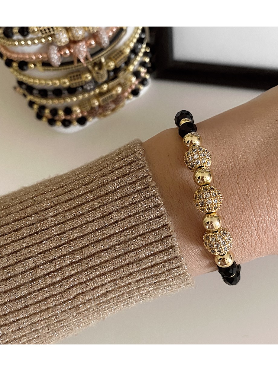 Bratara dama model deosebit cu margele negre si bilute cu pietricele stralucitoare