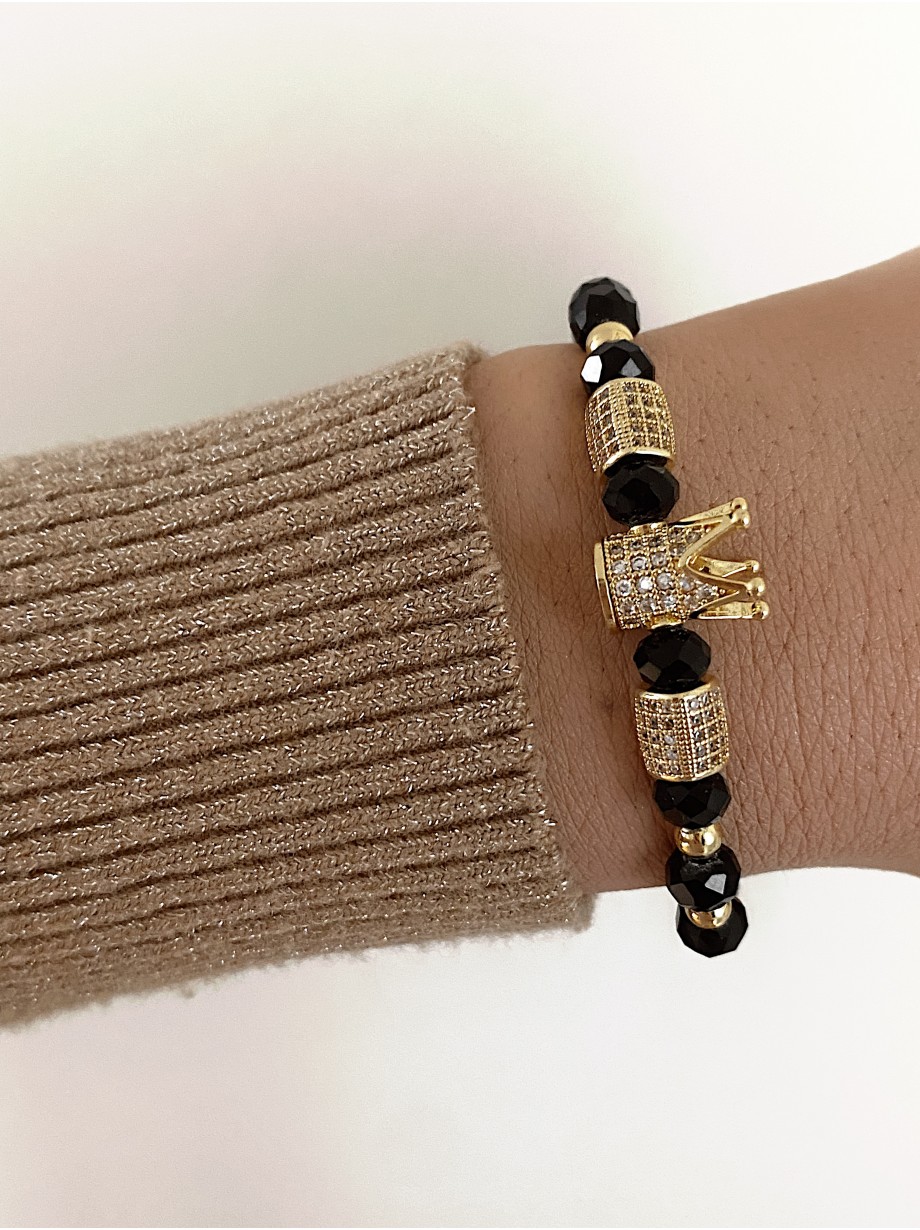 Bratara dama model deosebit cu margele aurii si negre si coroana cu pietricele albe