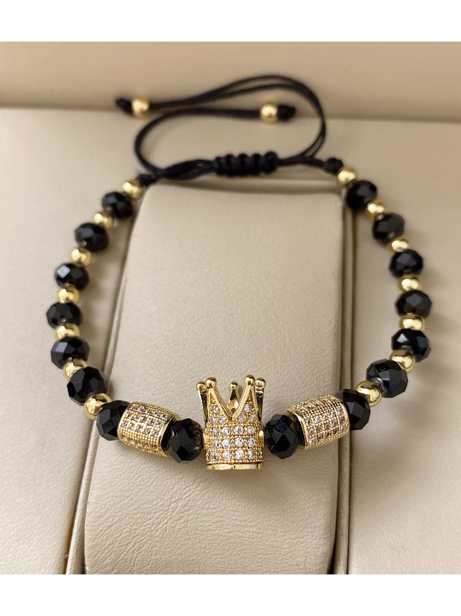 Bratara dama model deosebit cu margele aurii si negre si coroana cu pietricele albe