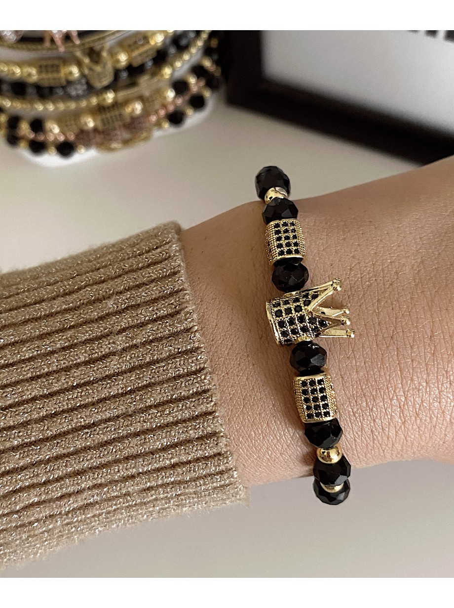 Bratara dama model deosebit cu margele aurii si negre si coroana cu pietricele negre