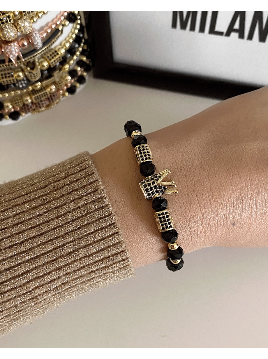 Bratara dama model deosebit cu margele aurii si negre si coroana cu pietricele negre