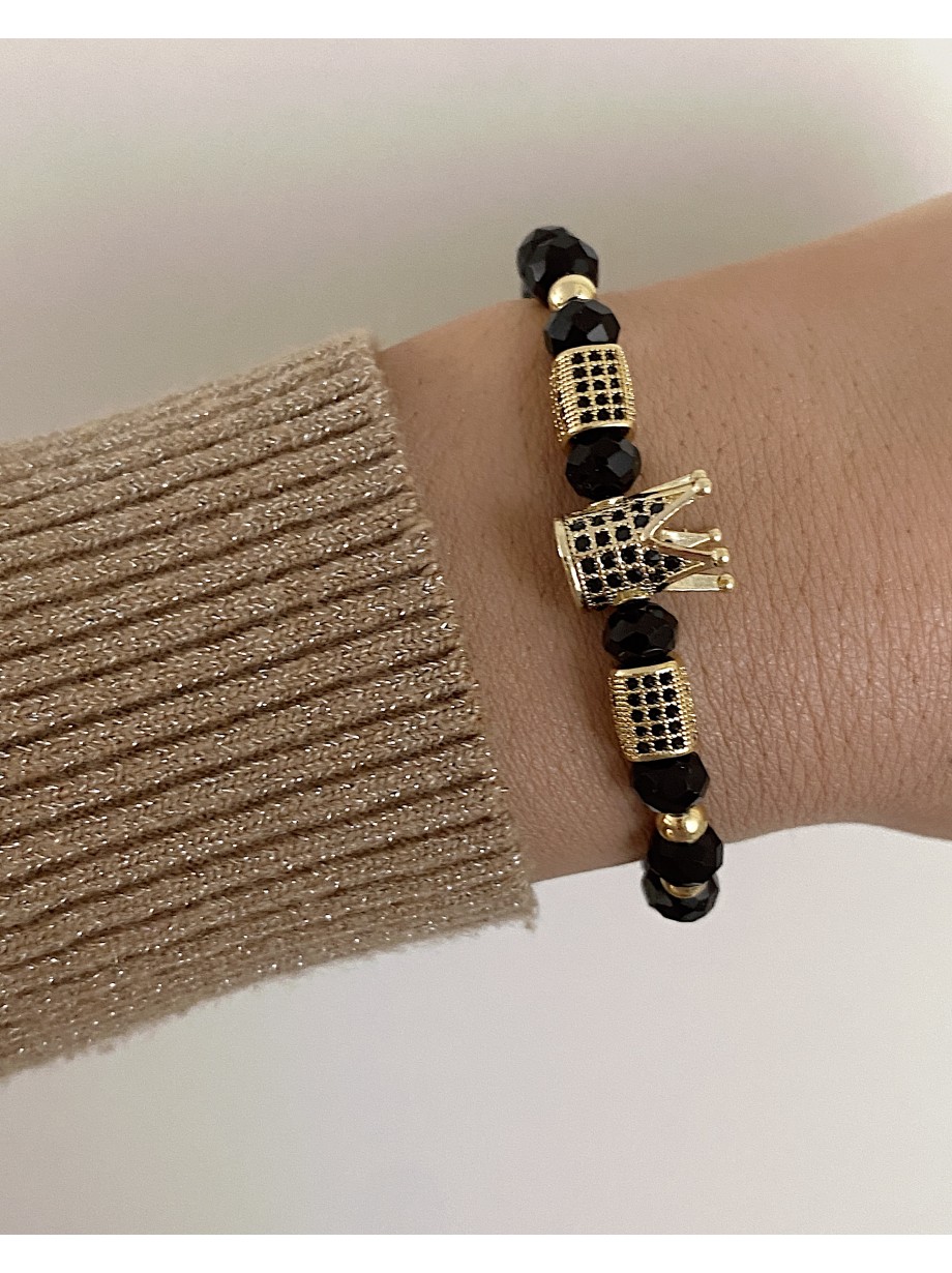 Bratara dama model deosebit cu margele aurii si negre si coroana cu pietricele negre