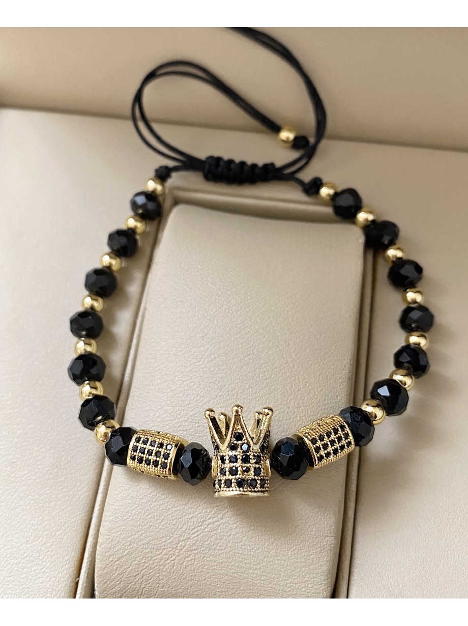 Bratara dama model deosebit cu margele aurii si negre si coroana cu pietricele negre