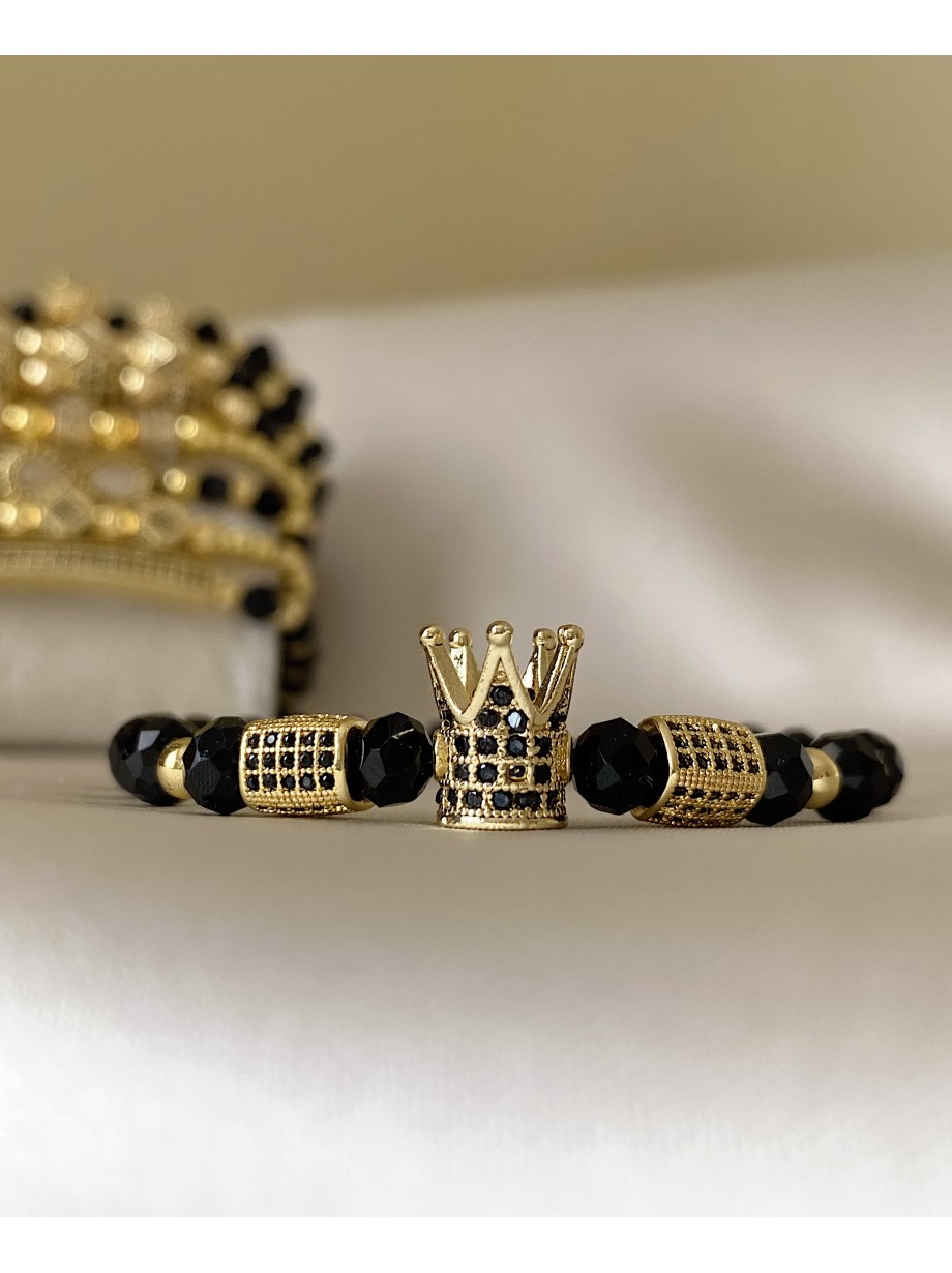 Bratara dama model deosebit cu margele aurii si negre si coroana cu pietricele negre