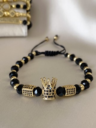 Bratara dama model deosebit cu margele aurii si negre si coroana cu pietricele negre