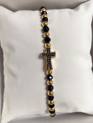 Bratara dama model deosebit cu margele aurii si negre si cruciulita cu pietricele negre