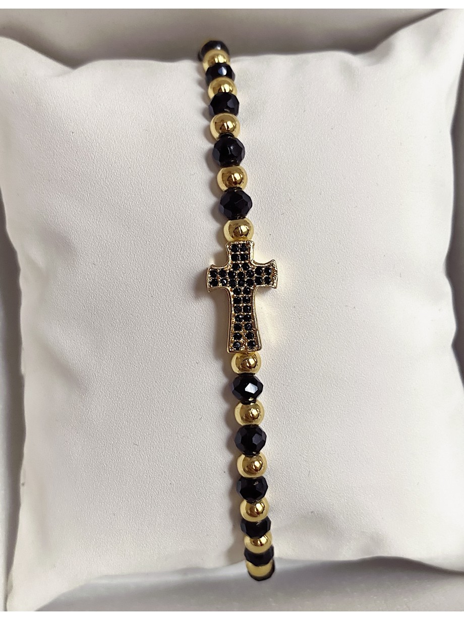 Bratara dama model deosebit cu margele aurii si negre si cruciulita cu pietricele negre