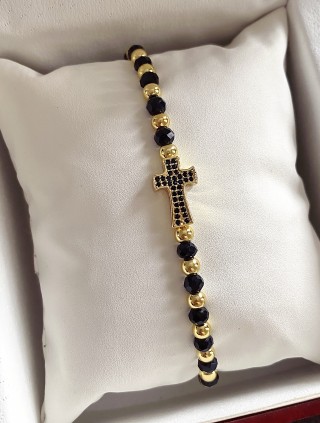 Bratara dama model deosebit cu margele aurii si negre si cruciulita cu pietricele negre