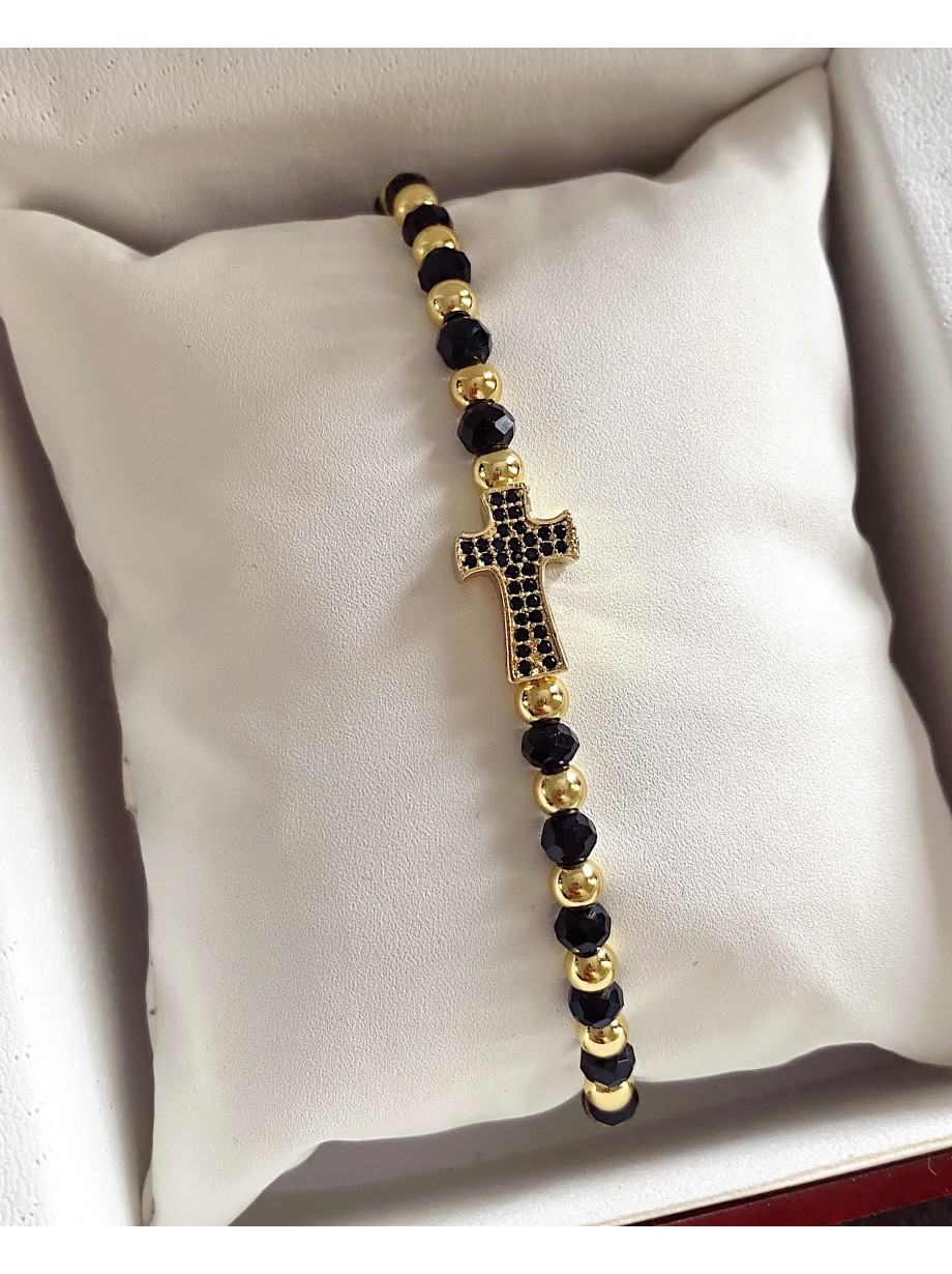 Bratara dama model deosebit cu margele aurii si negre si cruciulita cu pietricele negre