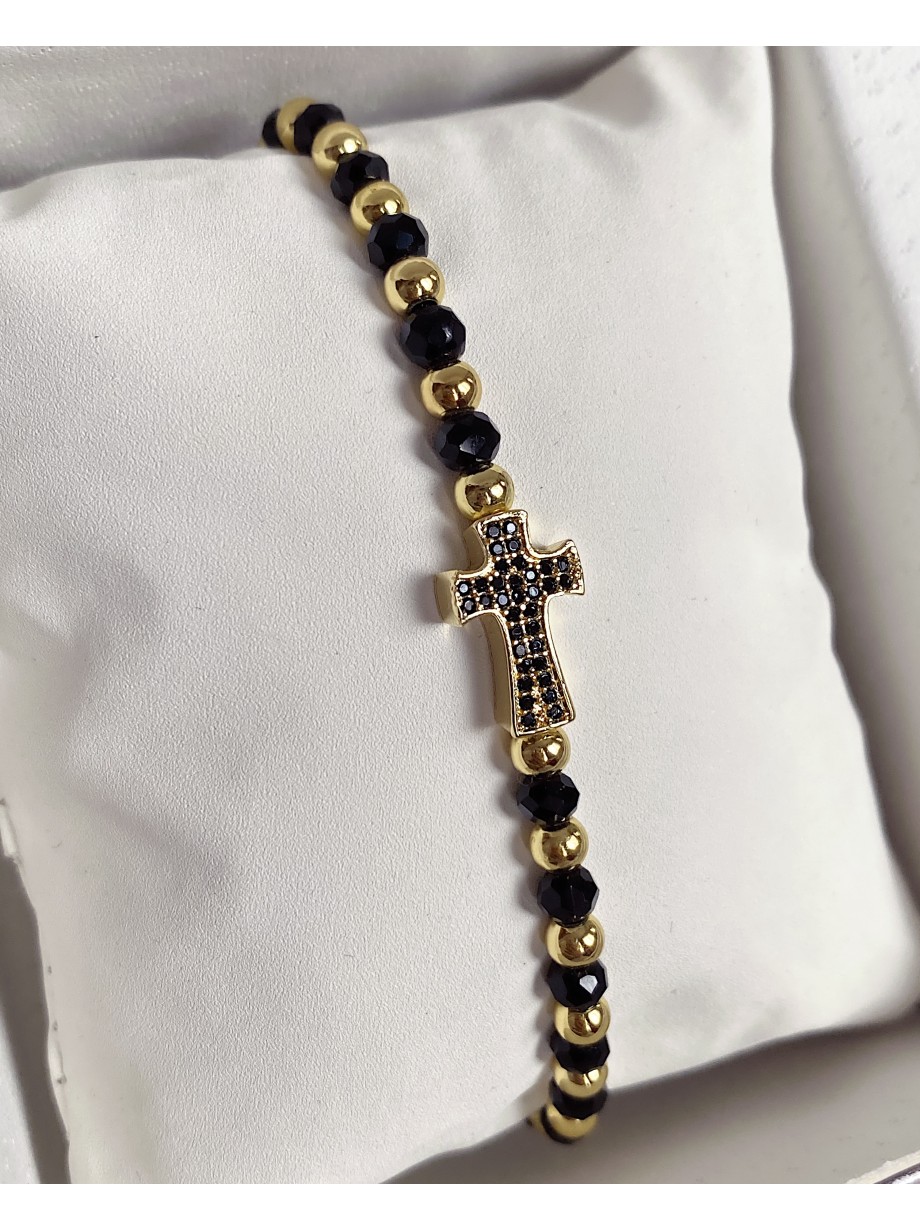 Bratara dama model deosebit cu margele aurii si negre si cruciulita cu pietricele negre