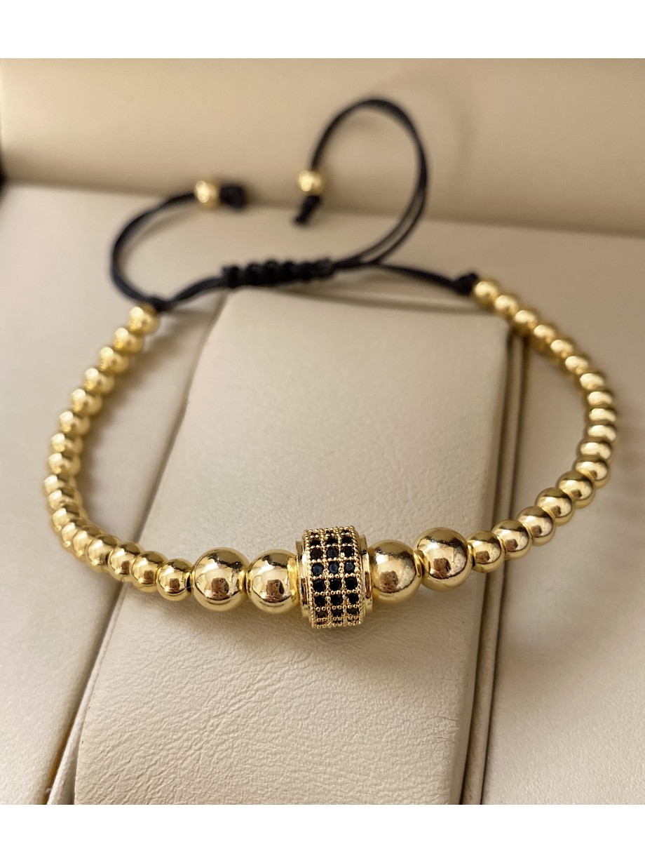 Bratara dama model deosebit cu margele aurii si cerc cu pietricele negre