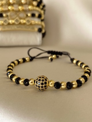 Bratara dama model deosebit cu margele aurii si negre si biluta cu pietricele negre
