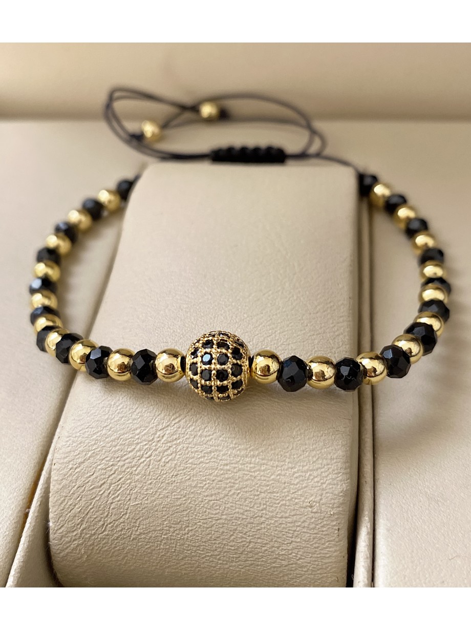 Bratara dama model deosebit cu margele aurii si negre si biluta cu pietricele negre