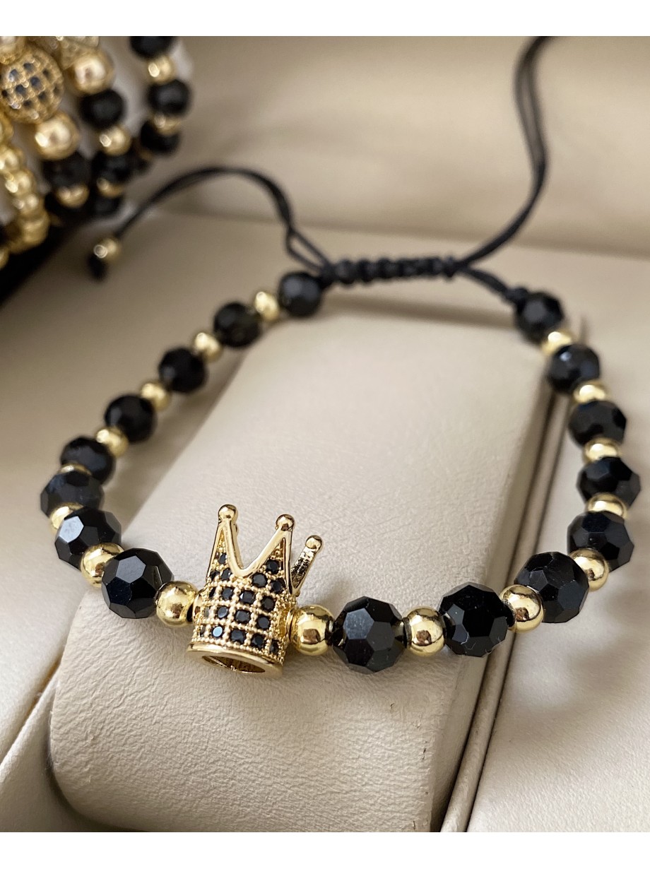 Bratara dama model deosebit cu margele aurii si negre si coroana cu pietricele negre