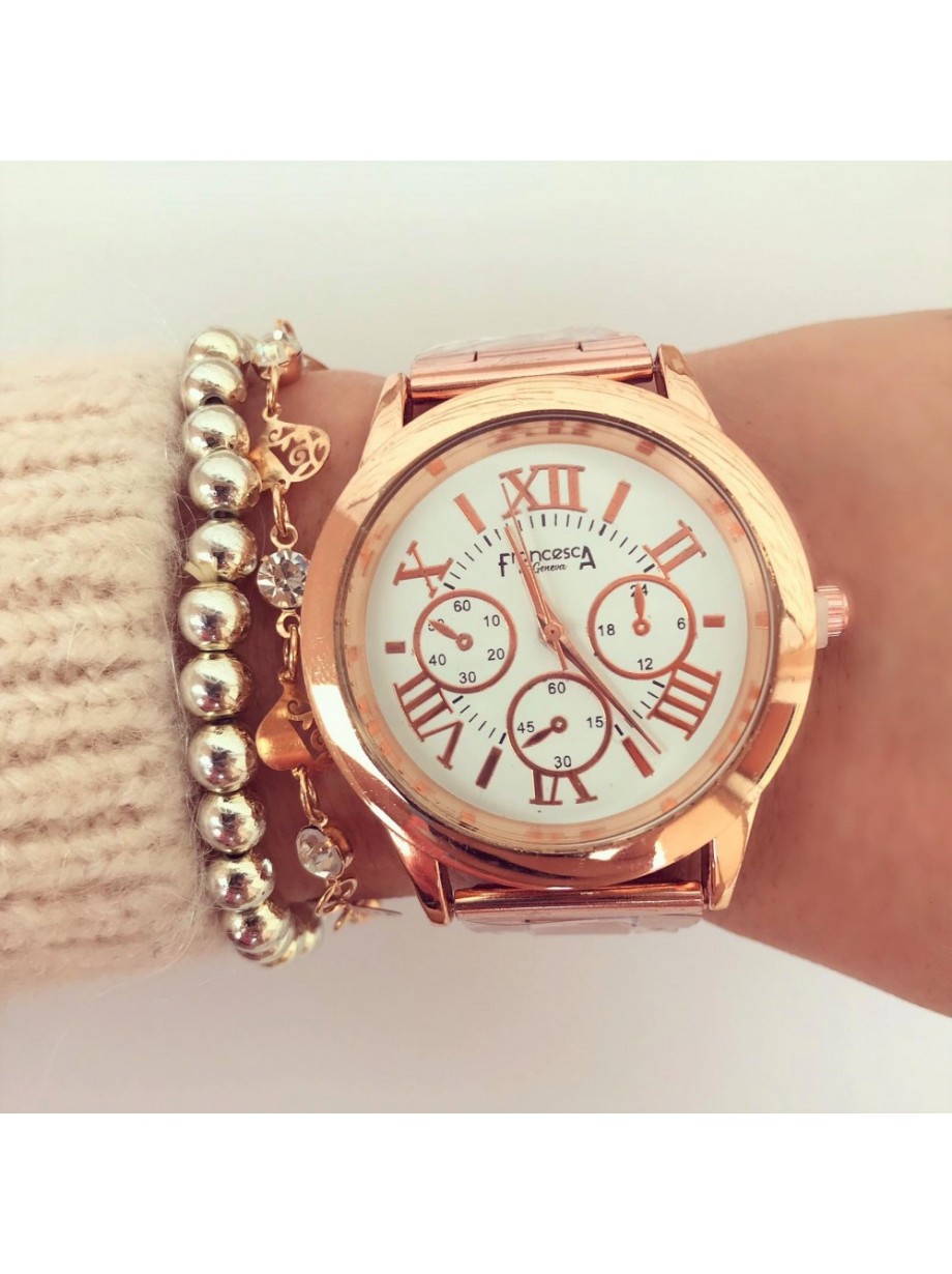 Ceas dama roze bratara metalica si cadran alb Francesca