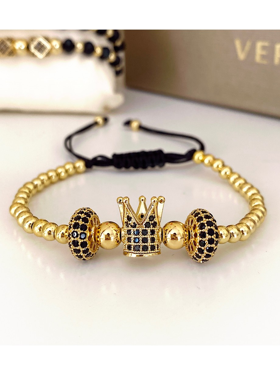 Bratara dama model deosebit cu margele aurii si coroana cu pietricele negre