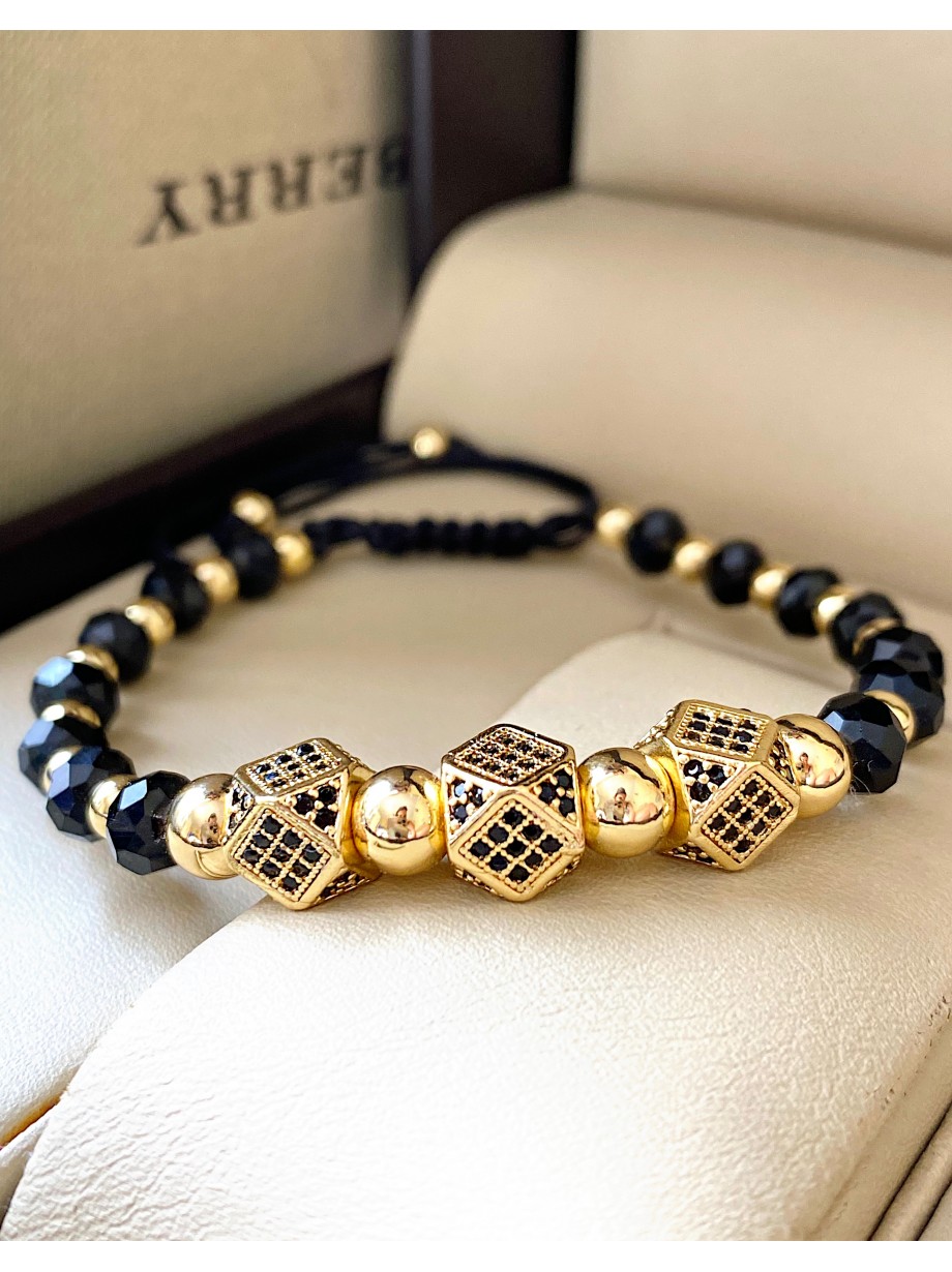 Bratara dama model deosebit cu margele negre si aurii si 3 hexagoane
