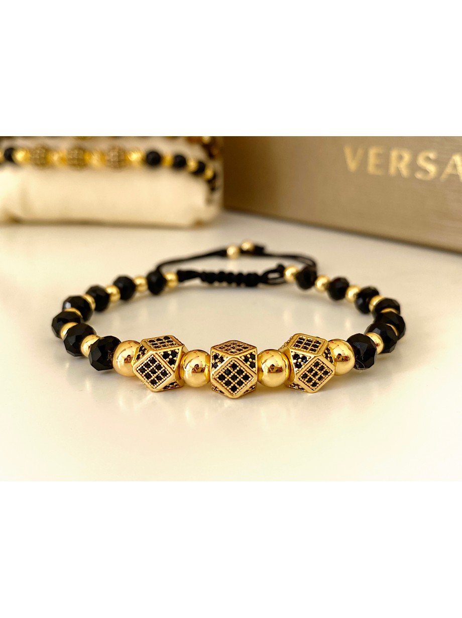 Bratara dama model deosebit cu margele negre si aurii si 3 hexagoane
