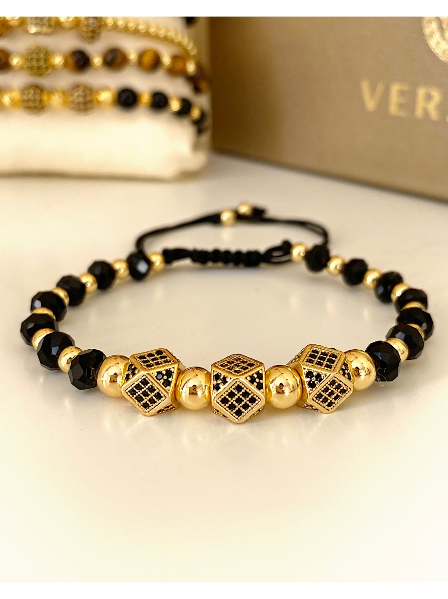 Bratara dama model deosebit cu margele negre si aurii si 3 hexagoane