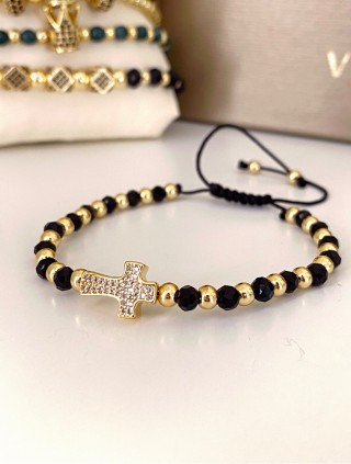 Bratara dama model deosebit cu margele negre cu auriu si design cruciulita