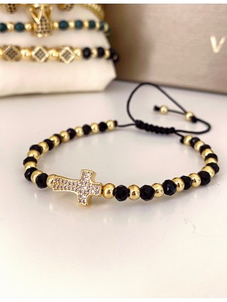 Bratara dama model deosebit cu margele negre cu auriu si design cruciulita
