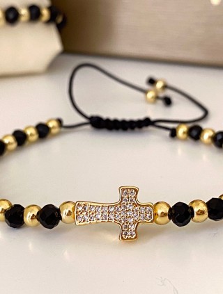 Bratara dama model deosebit cu margele negre cu auriu si design cruciulita