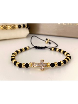 Bratara dama model deosebit cu margele negre cu auriu si design cruciulita