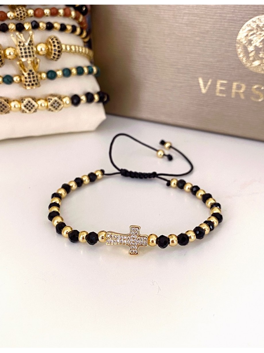 Bratara dama model deosebit cu margele negre cu auriu si design cruciulita
