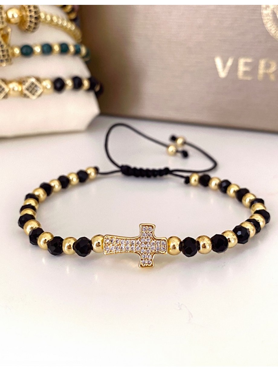 Bratara dama model deosebit cu margele negre cu auriu si design cruciulita