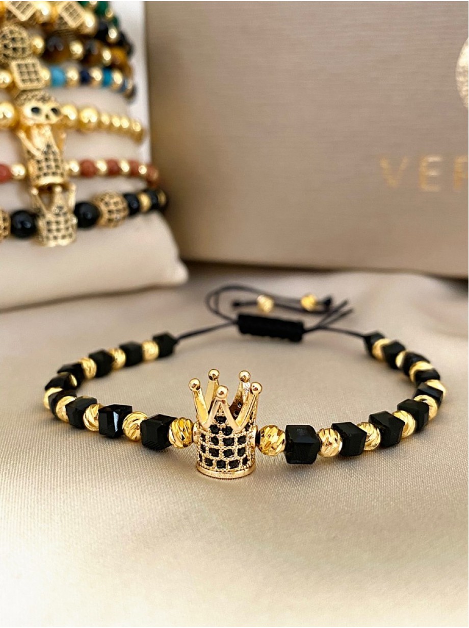 Bratara dama model deosebit cu margele negre si aurii si coroana
