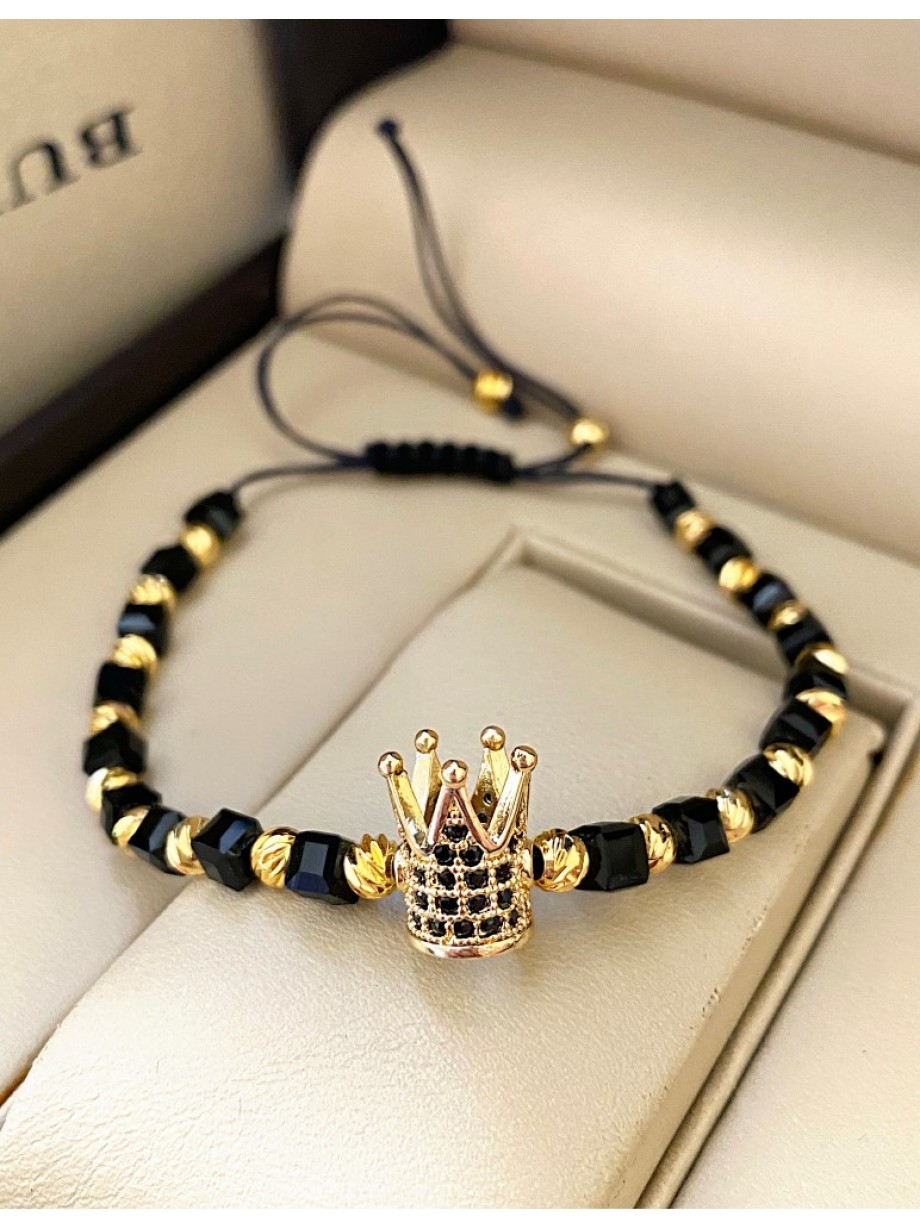 Bratara dama model deosebit cu margele negre si aurii si coroana