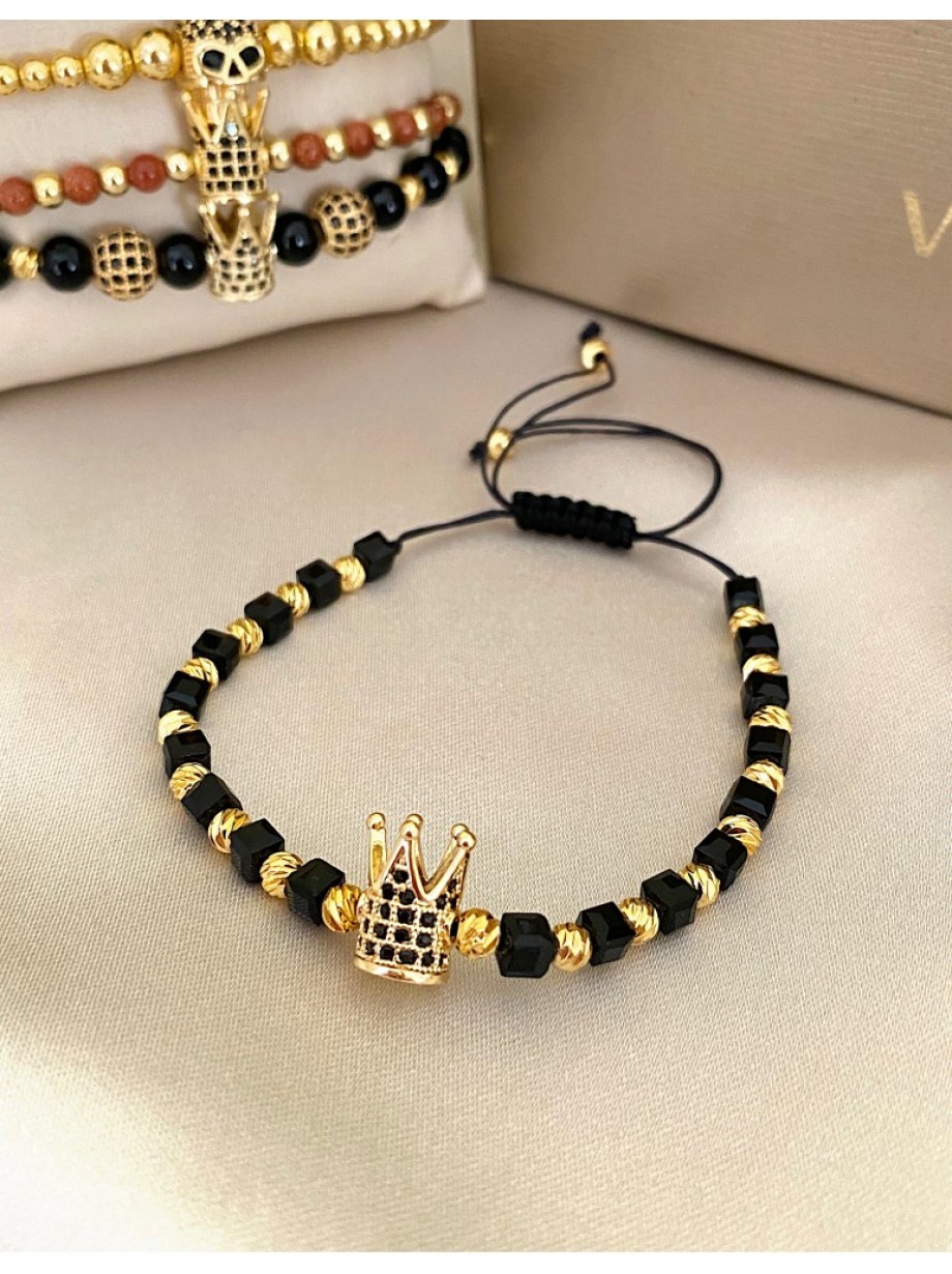 Bratara dama model deosebit cu margele negre si aurii si coroana