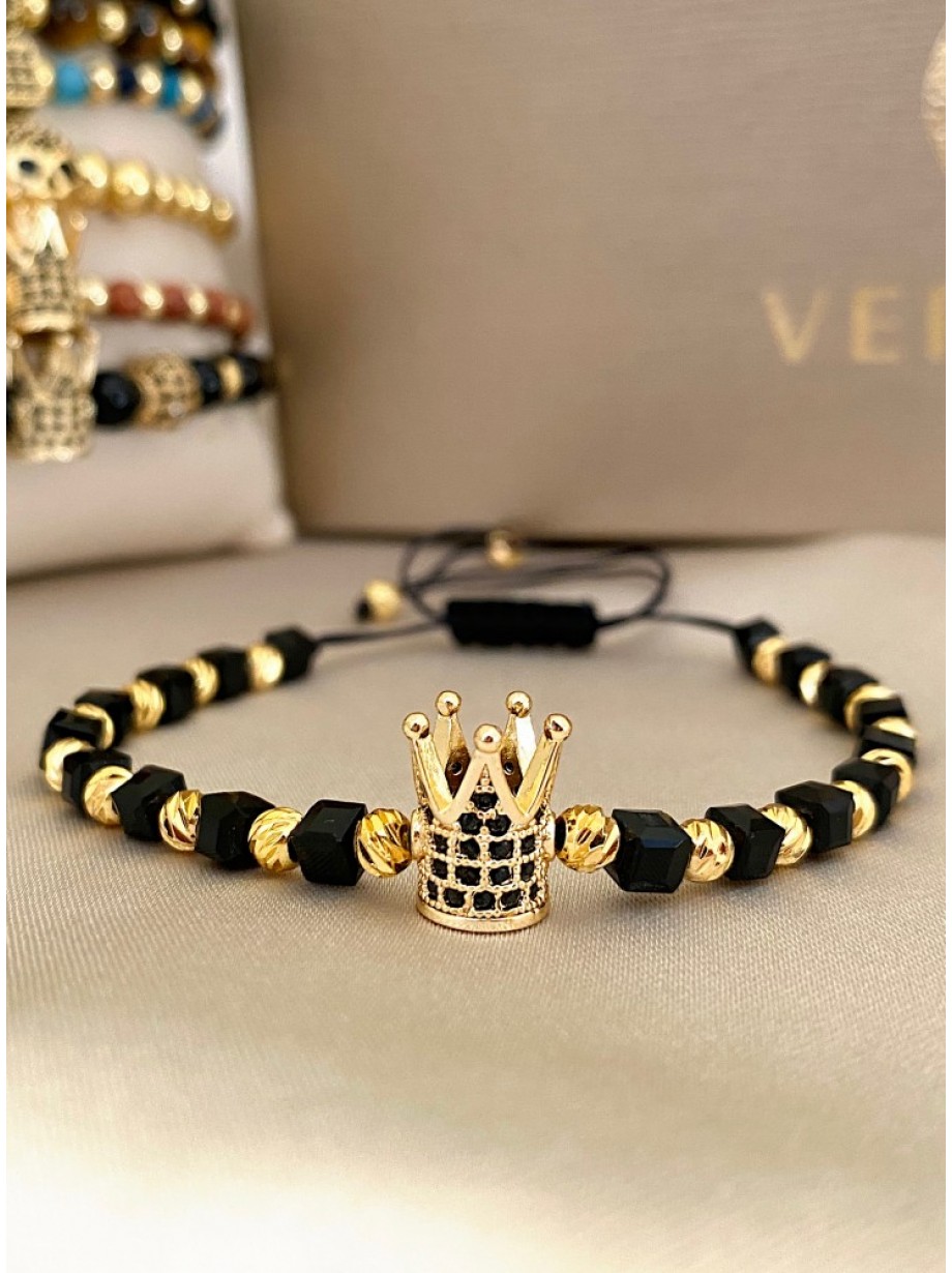 Bratara dama model deosebit cu margele negre si aurii si coroana