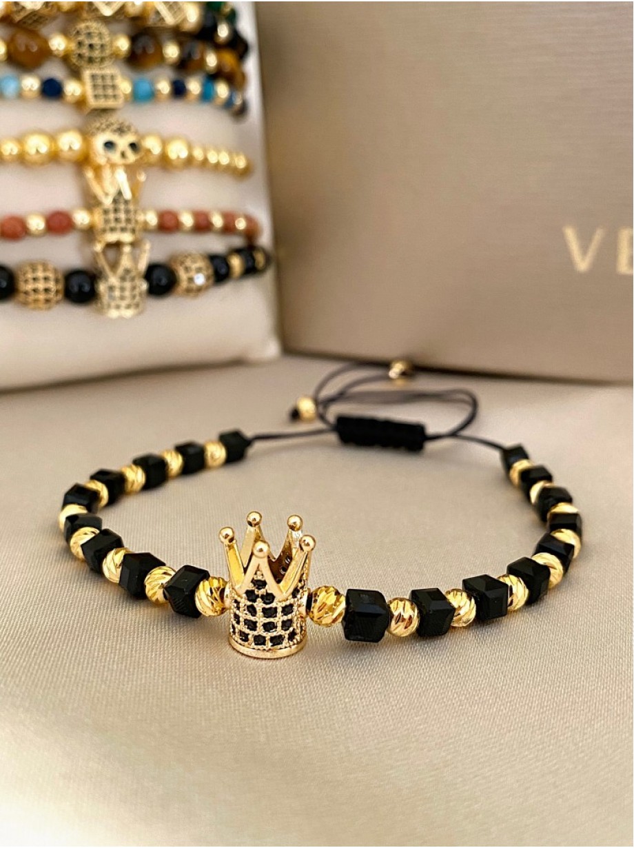 Bratara dama model deosebit cu margele negre si aurii si coroana