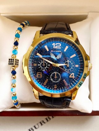 Ceas barbati negru cu bratara din piele ecologica si cadran albastru sclipicios