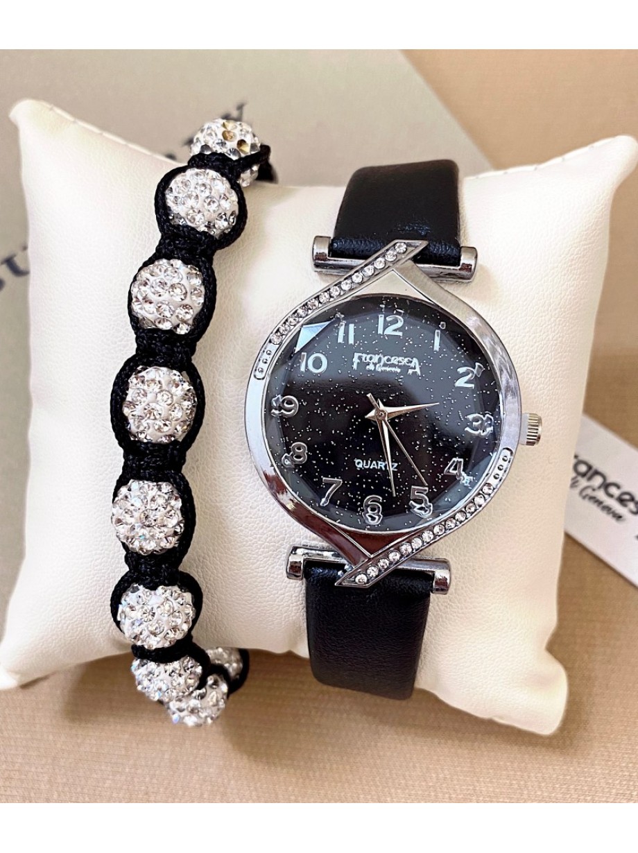 Ceas dama negru cu bratara din piele ecologica si cadran cu argintiu