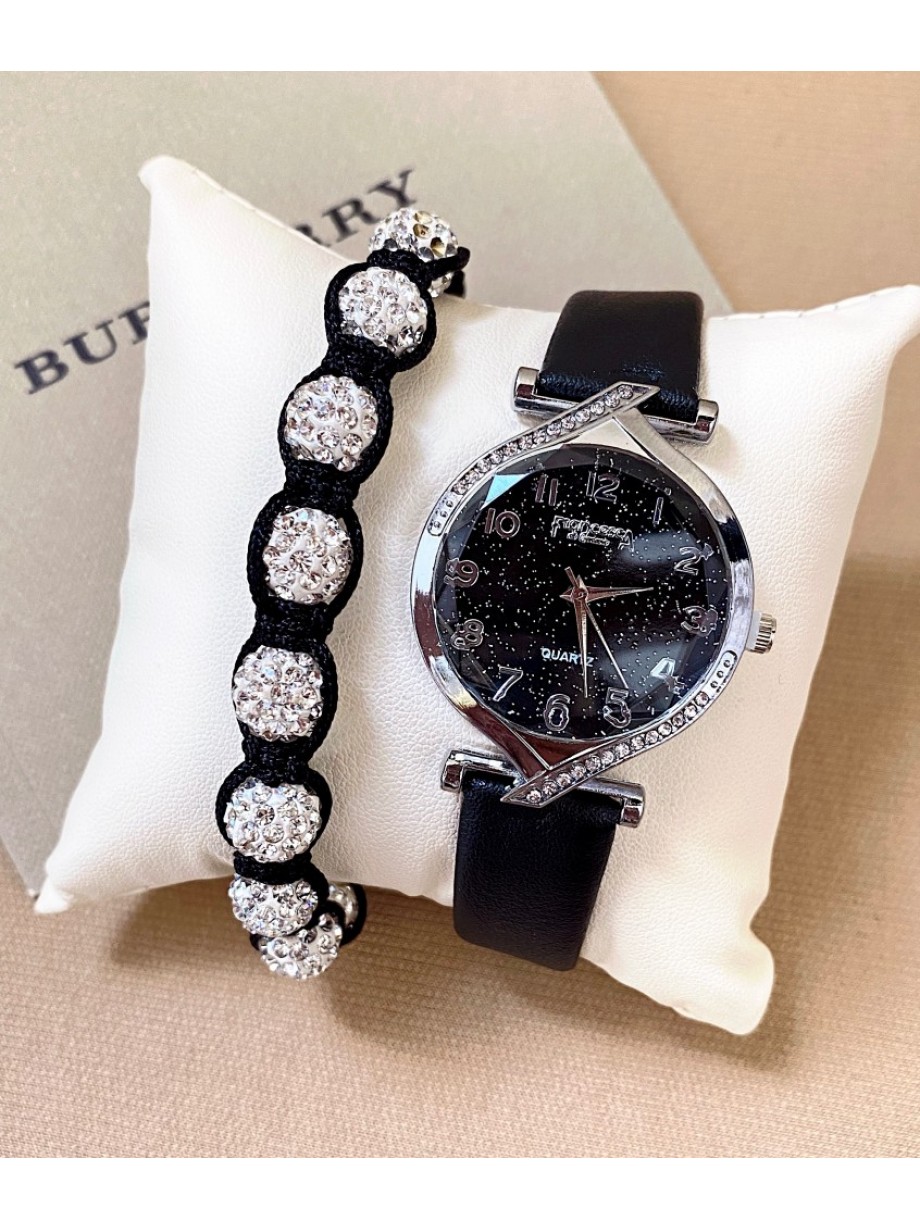 Ceas dama negru cu bratara din piele ecologica si cadran cu argintiu