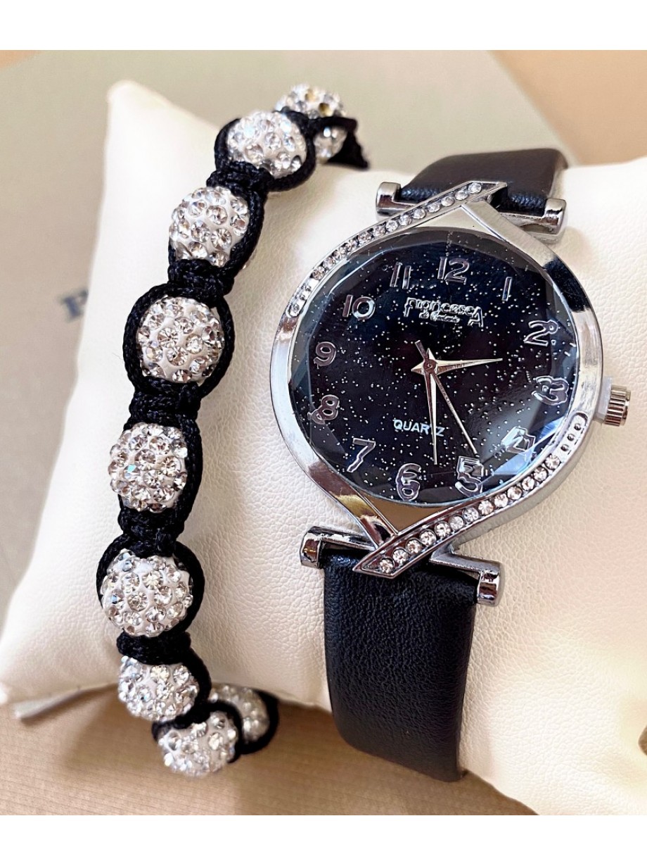 Ceas dama negru cu bratara din piele ecologica si cadran cu argintiu