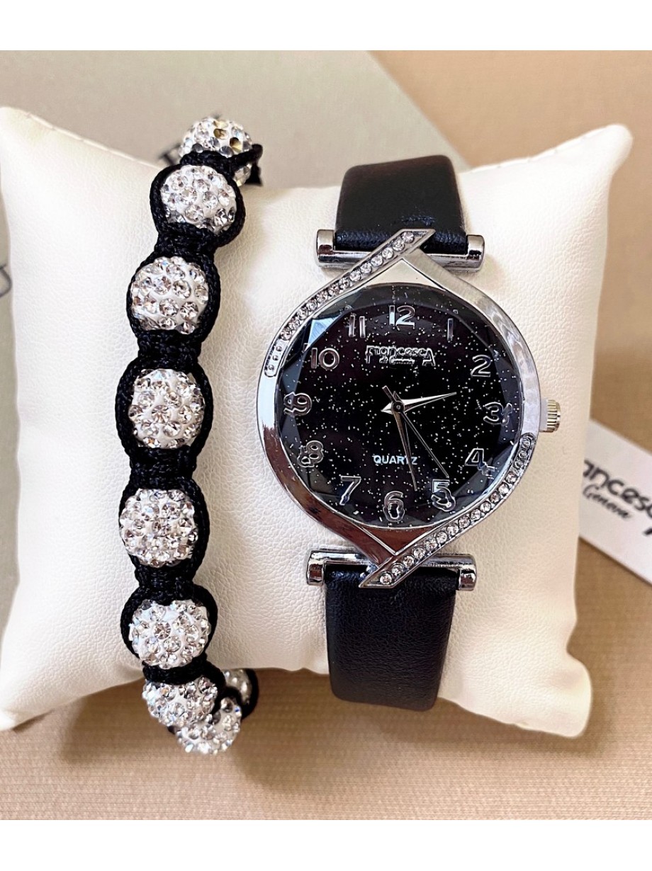 Ceas dama negru cu bratara din piele ecologica si cadran cu argintiu