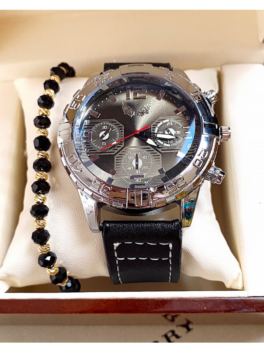 Ceas barbati negru cu bratara din piele ecologica si cadran argintiu