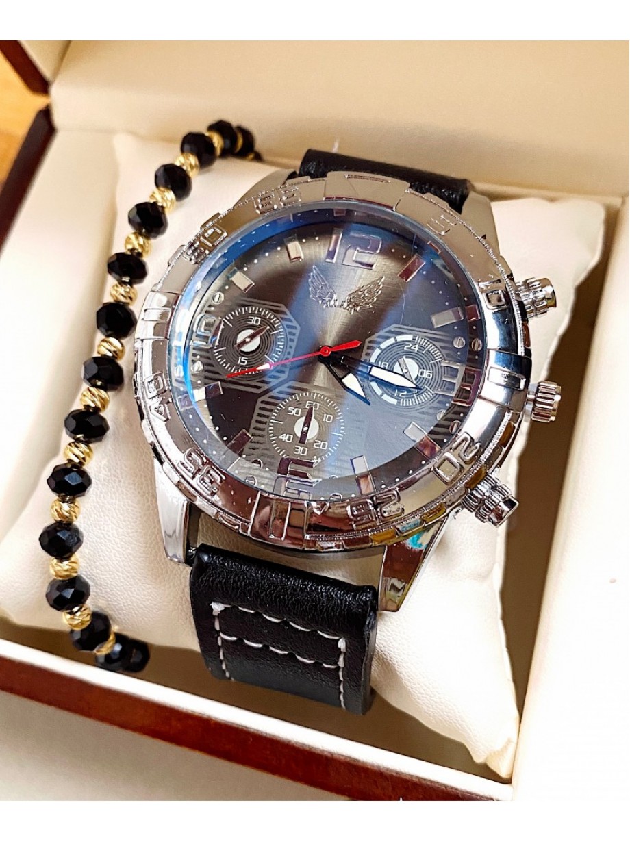 Ceas barbati negru cu bratara din piele ecologica si cadran argintiu