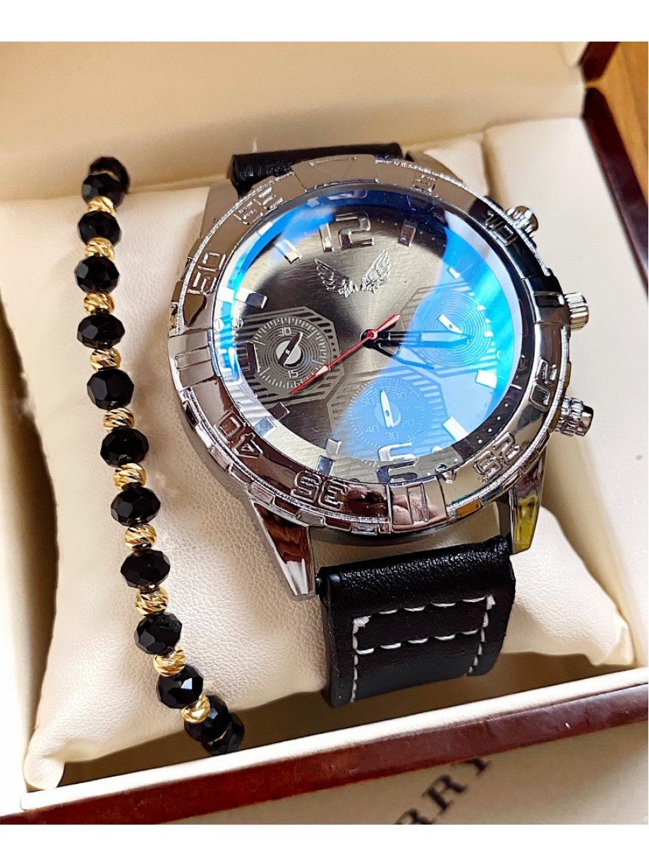 Ceas barbati negru cu bratara din piele ecologica si cadran argintiu