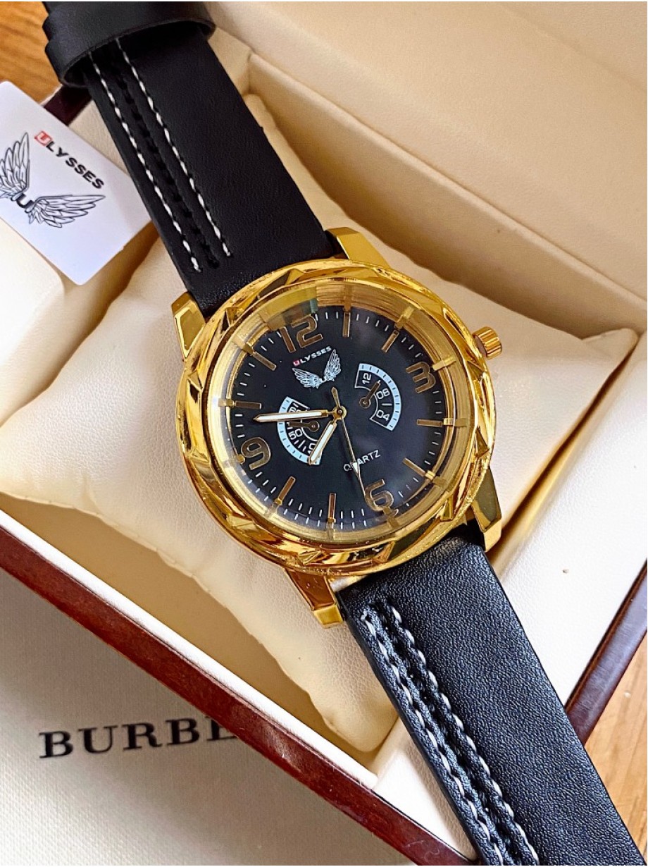 Ceas barbati negru cu bratara din piele ecologica si cadran cu auriu cu 4 cifre