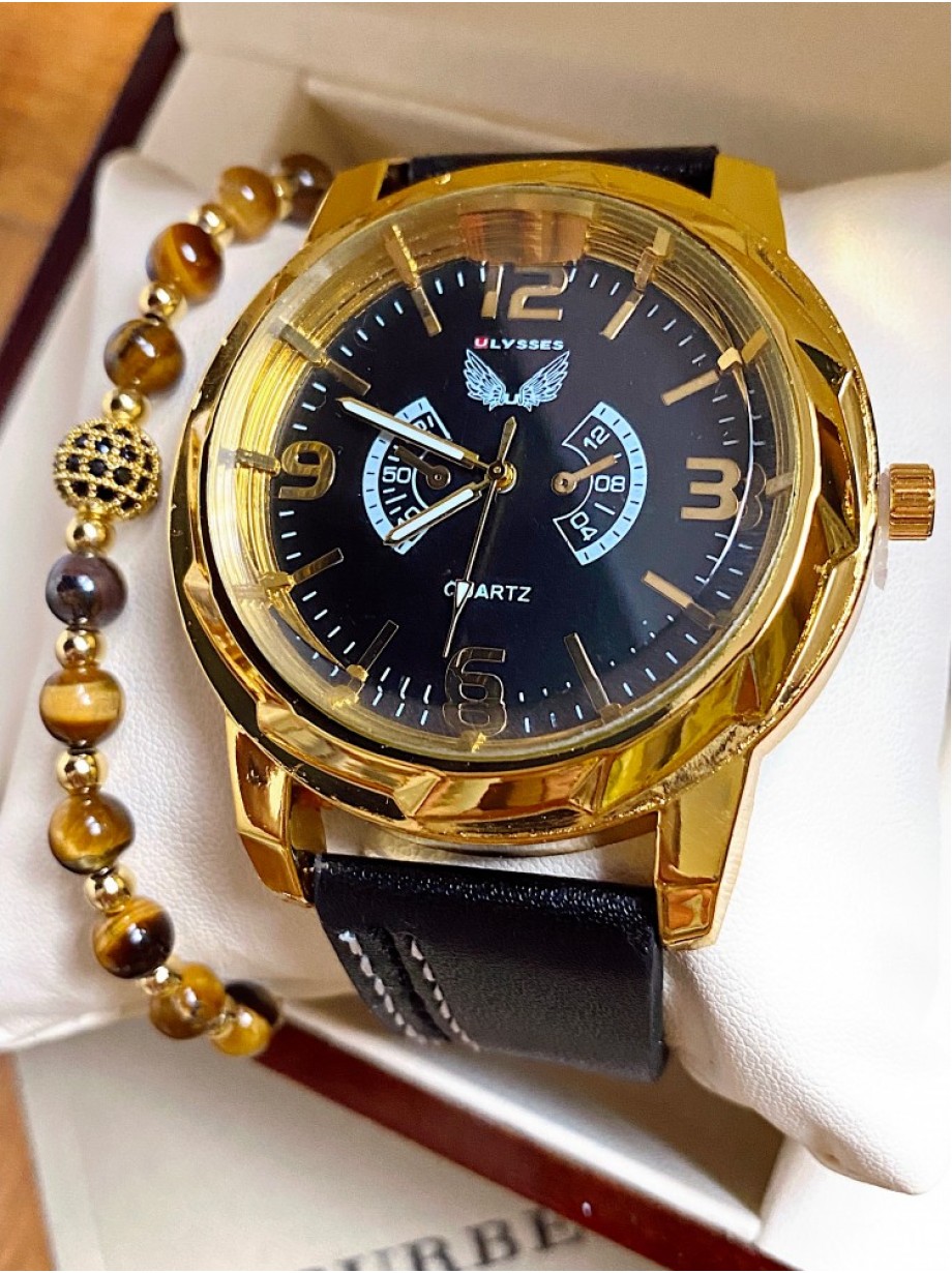 Ceas barbati negru cu bratara din piele ecologica si cadran cu auriu cu 4 cifre