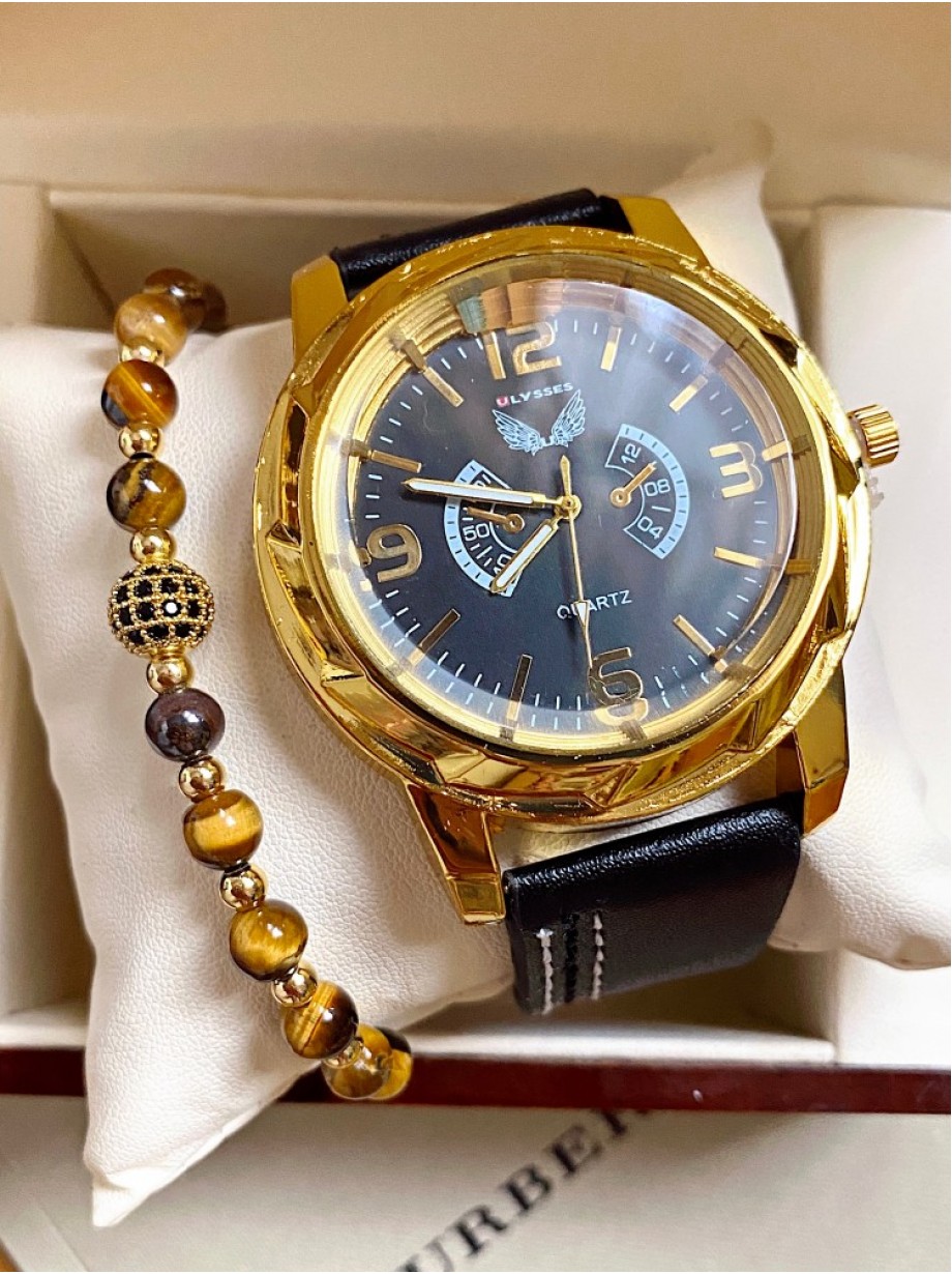 Ceas barbati negru cu bratara din piele ecologica si cadran cu auriu cu 4 cifre