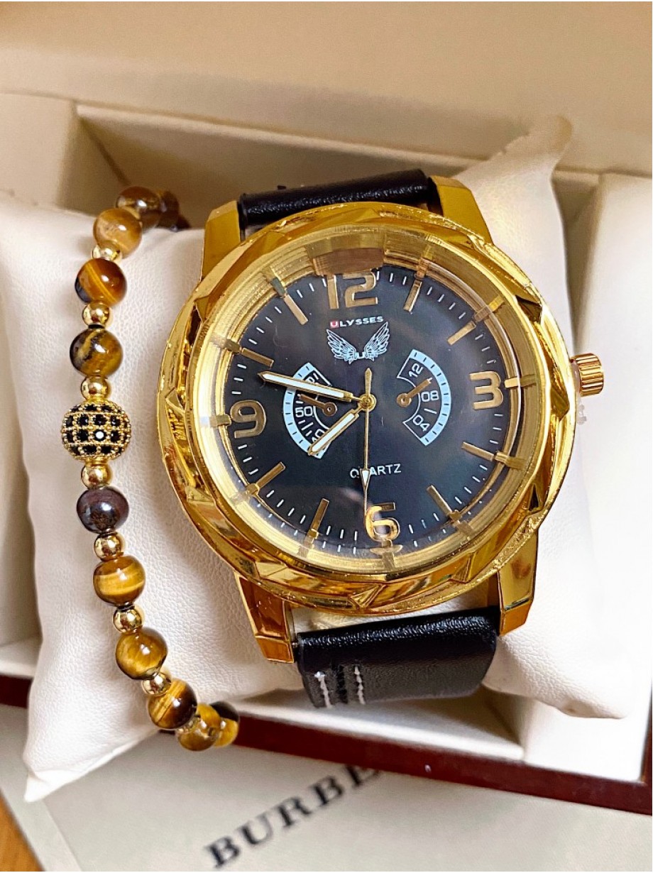 Ceas barbati negru cu bratara din piele ecologica si cadran cu auriu cu 4 cifre