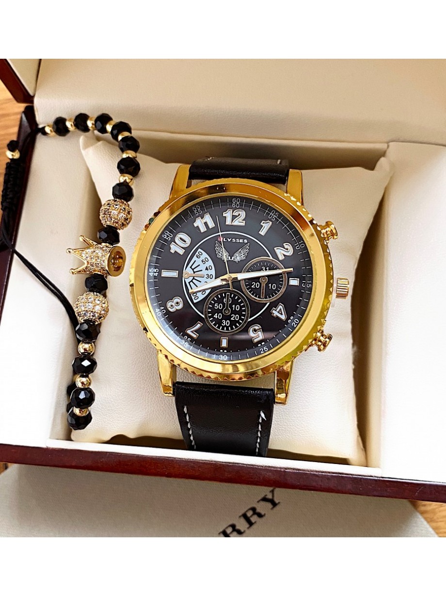 Ceas barbati negru cu bratara din piele ecologica si cadran negru