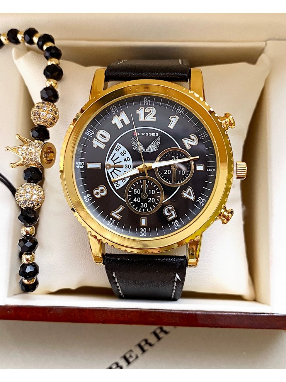 Ceas barbati negru cu bratara din piele ecologica si cadran negru