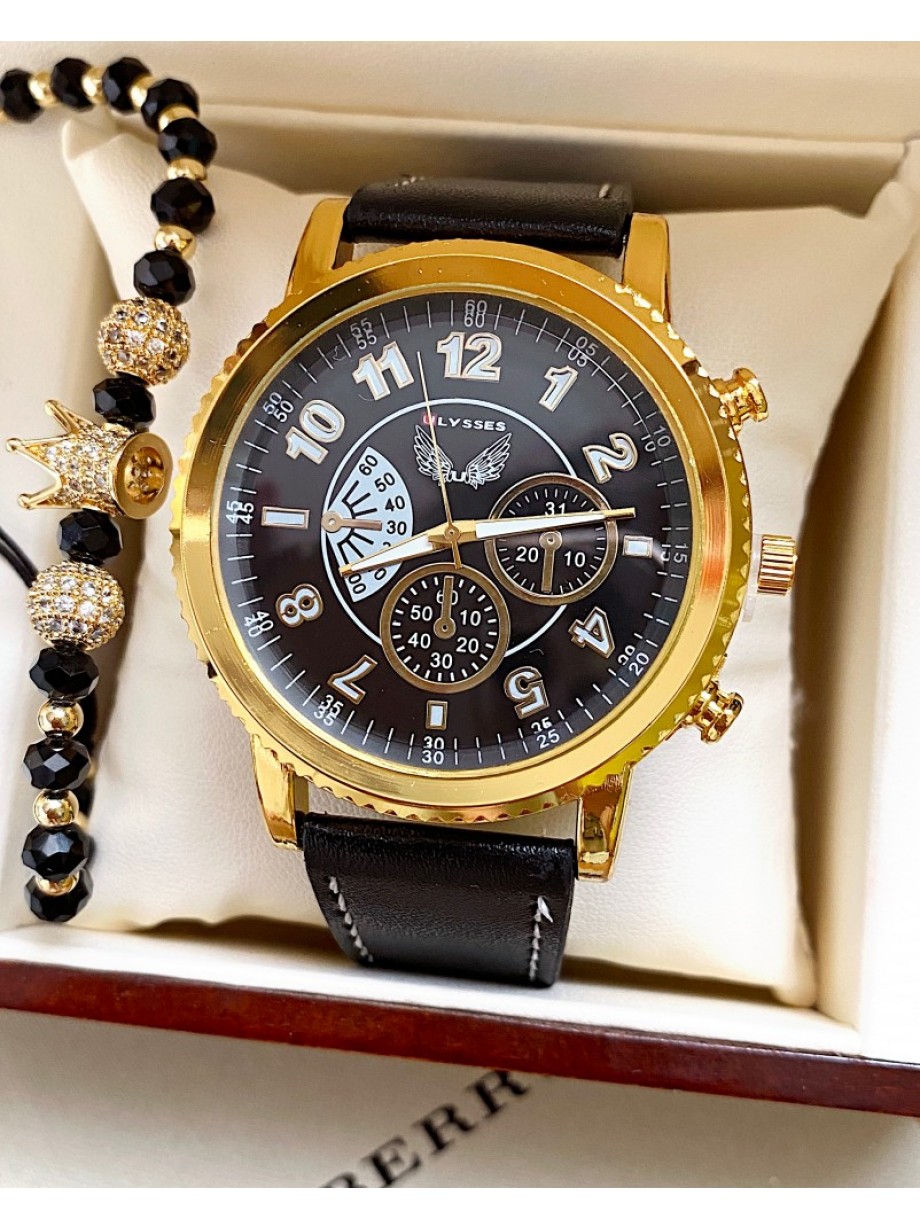 Ceas barbati negru cu bratara din piele ecologica si cadran negru