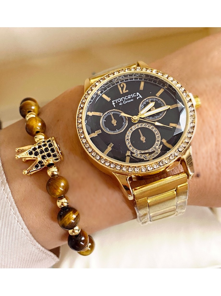 Ceas dama auriu cu bratara metalica si cadran negru